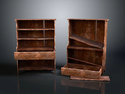 Rustic Wooden Bookshelves Furniture With Open And Closed Drawer Design 3d model