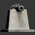 Ancient Bronze Cannon Weapon Displayed On Stone Pedestal With Stone Slab