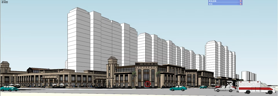 European Style Commercial Street With High Rise Buildings Low Rise Structures And Cars 3d model 