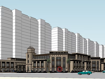 European Style Commercial Street With High Rise Buildings Low Rise Structures And Cars 3d model