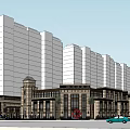 European Style Commercial Street With High Rise Buildings Low Rise Structures And Cars