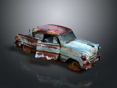 Rusted Vintage Car With Open Doors And Weathered Red Blue Body 3d model