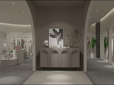 Modern Clothing Store Interior With Arch Design Display Racks And Green Plants 3d model