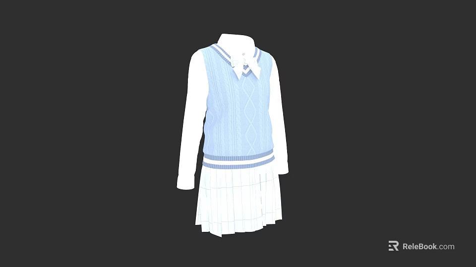Girls School Uniform Outfit With Blue Knitted Vest White Shirt Bow Tie And Pleated Skirt 3d model 