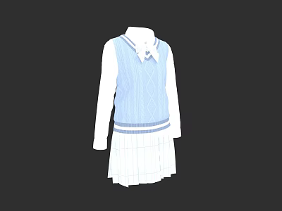 Girls School Uniform Outfit With Blue Knitted Vest White Shirt Bow Tie And Pleated Skirt 3d model