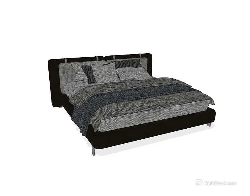 Modern Double Bed With Black Frame And Gray Striped Bedding Set 3d model