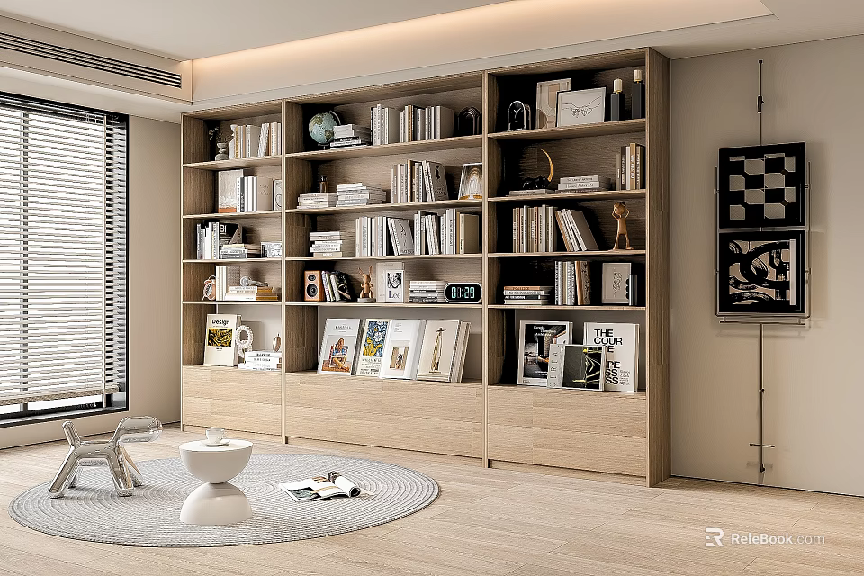 Modern Bookcase Living Room Interior With Multiple Shelves Books Framed Pictures And Decorations 3d model 