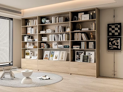 Modern Bookcase Living Room Interior With Multiple Shelves Books Framed Pictures And Decorations 3d model
