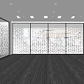 Modern Public Office Area with Perforated Glass Partitions Linear Ceiling Lights and Dark Carpet