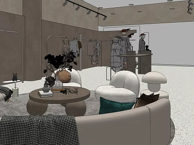 Modern Clothing Store Interior With Clothing Racks Sofa And Decorative Plants 3d model