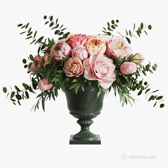 Green Classic Vase With Pink Beige Roses And Fresh Green Leaves 3d model 