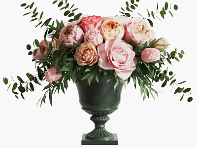 Green Classic Vase With Pink Beige Roses And Fresh Green Leaves 3d model