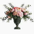 Green Classic Vase With Pink Beige Roses And Fresh Green Leaves