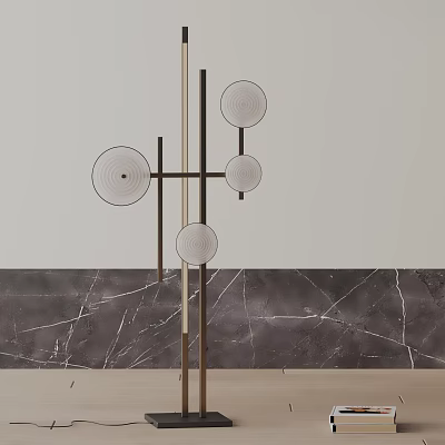 Modern Floor Lamp With Circular Shades And Gold Metal Frame Against Grey Marble Wall 3d model