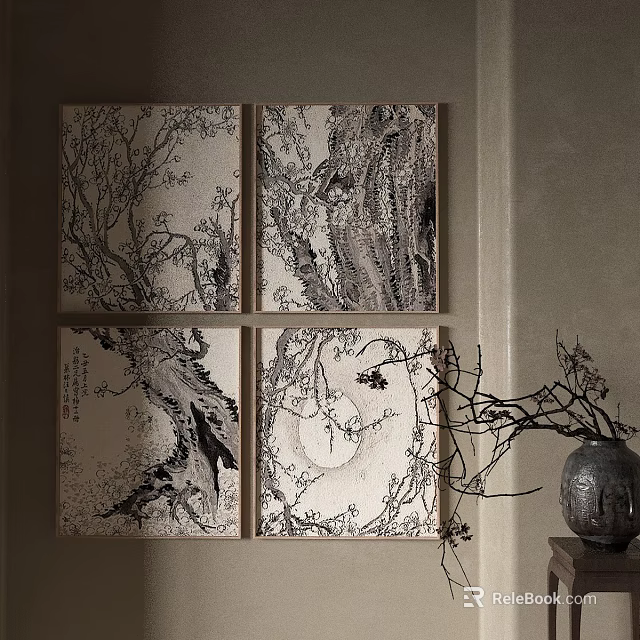 Chinese Style Black And White Paintings With Tree Mountain Elements And Vase Decoration 3d model 