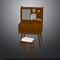 Traditional Wooden Writing Desk With Glass Door Cabinet Drawers And White Cushioned Stool