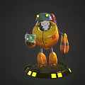 Robot Character with Blue Head Yellow Body Holding Green Orb on Black Base