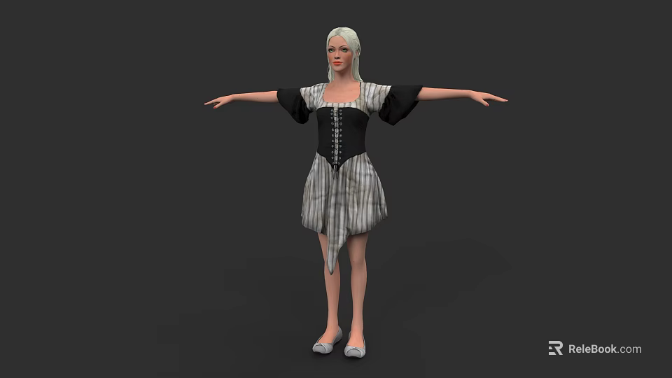 Silver Haired Woman In Black White Striped Dress With Black Sleeves Corset Waist Arms Outstretched 3d model 