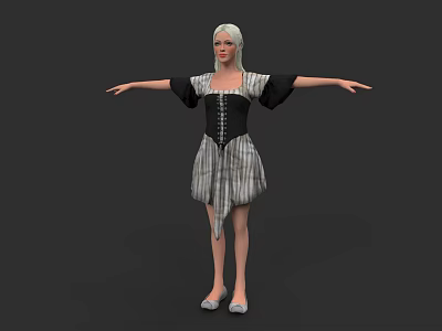 Silver Haired Woman In Black White Striped Dress With Black Sleeves Corset Waist Arms Outstretched 3d model