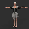 Silver Haired Woman In Black White Striped Dress With Black Sleeves Corset Waist Arms Outstretched