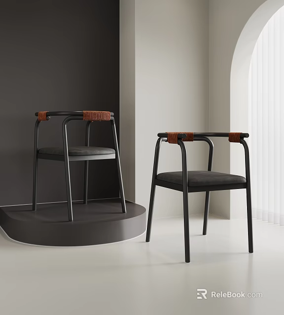 Modern Single Chairs With Black Frame Brown Armrests And Black Seat Cushion In Indoor Setting 3d model 