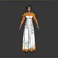 Elegant Female Character In White Long Dress With Green Blue Floral Patterns And Orange Trims