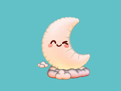 Cartoon Inflatable Crescent Model with Smiling Face Blush Cheeks and Cloud Base 3d model