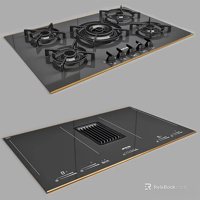 Modern Black Glass Kitchen Cooktop With Gas Burners And Range Hood 3d model 