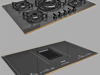Modern Black Glass Kitchen Cooktop With Gas Burners And Range Hood 3d model