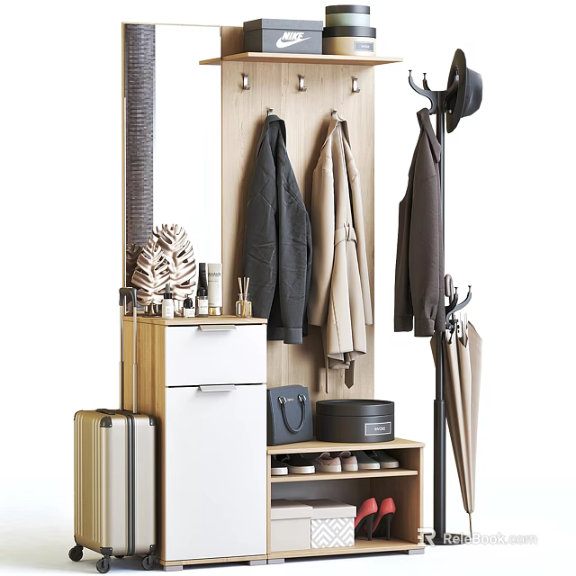 Practical Entryway Storage Cabinet Rack With Hanging Coats Bag Shoes And Luggage Organizer 3d model 