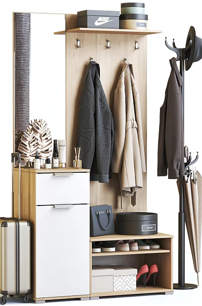 Practical Entryway Storage Cabinet Rack With Hanging Coats Bag Shoes And Luggage Organizer 3d model