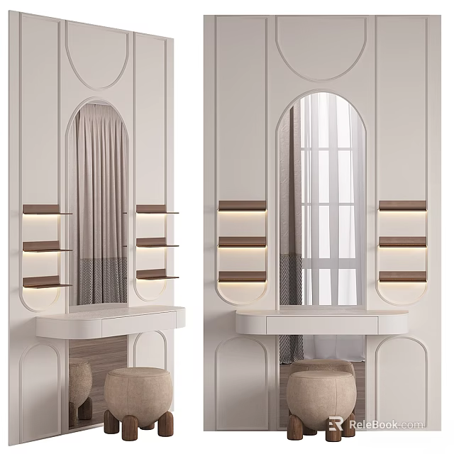 Elegant Modern Dressing Table Interior With Arched Mirror LED Light Shelves And Stool 3d model