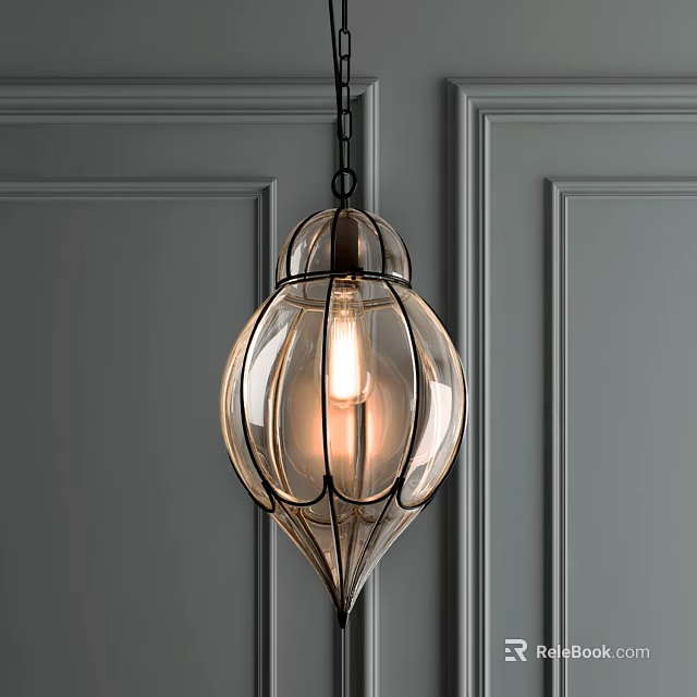Elegant Glass Pendant Light With Lantern Design Illuminated Against Gray Paneled Wall 3d model 