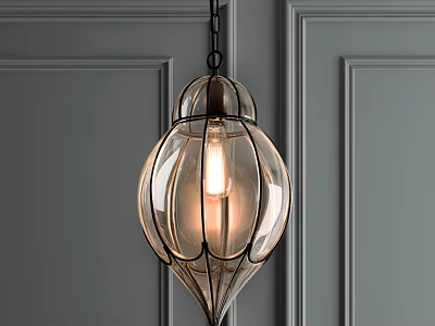 Elegant Glass Pendant Light With Lantern Design Illuminated Against Gray Paneled Wall 3d model