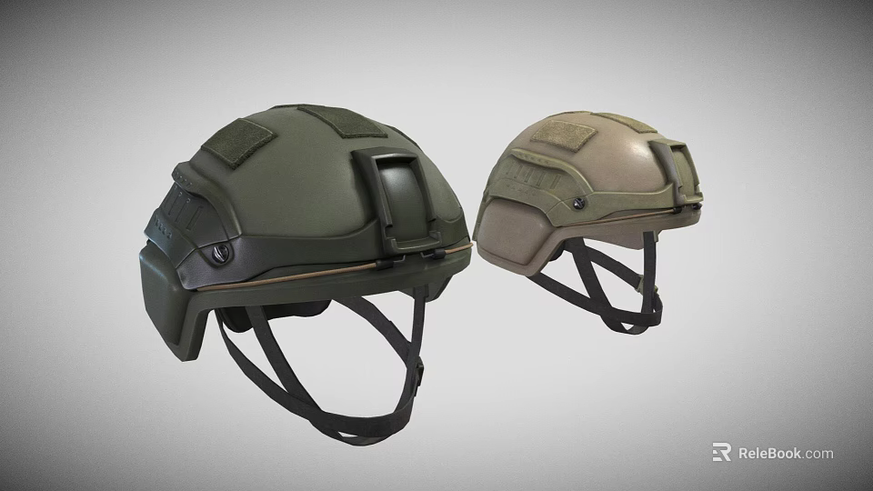 Modern Tactical Helmets In Green And Tan Colors With Protective Design Features 3d model 