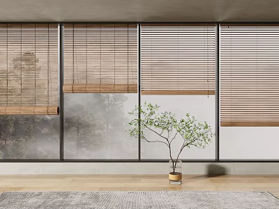 Venetian Blinds On Large Windows In Modern Room With Small Indoor Tree And Natural View 3d model