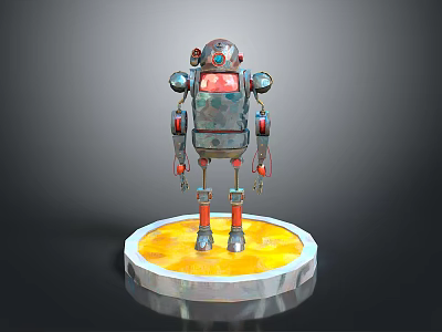 Metallic Robot Figure With Red Silver Accents On Yellow Glowing Circular Base 3d model