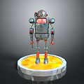 Metallic Robot Figure With Red Silver Accents On Yellow Glowing Circular Base