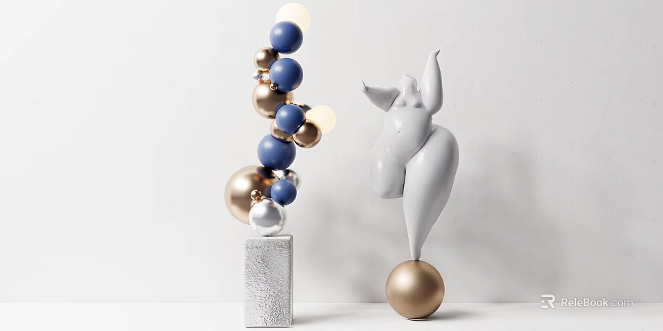 Abstract White Human Figure Sculpture With Gold Base And Blue Gold Decorative Balls 3d model 