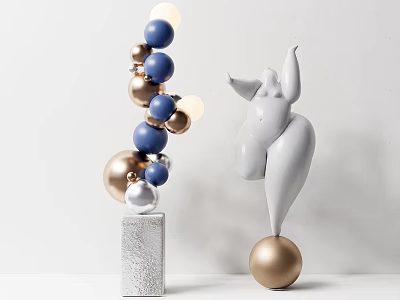 Abstract White Human Figure Sculpture With Gold Base And Blue Gold Decorative Balls 3d model
