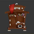 Brown Wooden Decorative Cabinet With Red Stocking Gold Coins Scrolls And Teapot