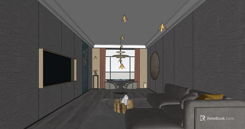 Modern Hotel Mahjong Room Interior With Gray Sofa Round Coffee Table And Chandeliers 3d model 