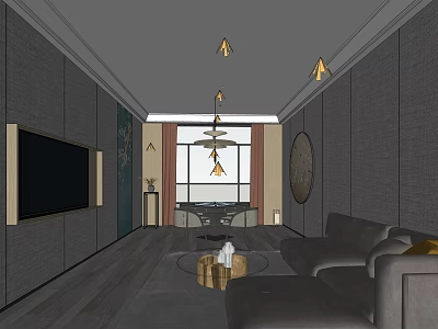 Modern Hotel Mahjong Room Interior With Gray Sofa Round Coffee Table And Chandeliers 3d model