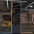 Modern Gym Interior Featuring Yellow Black Fitness Equipment Central Track Ceiling Lights And Mirror Walls