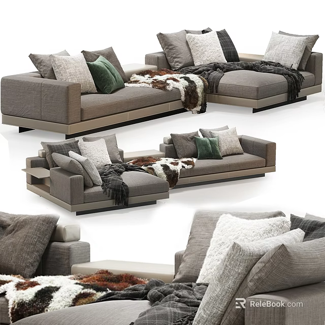 Elegant Gray Sofa Design With Throw Pillows And Cozy Blanket In Multiple Angles 3d model
