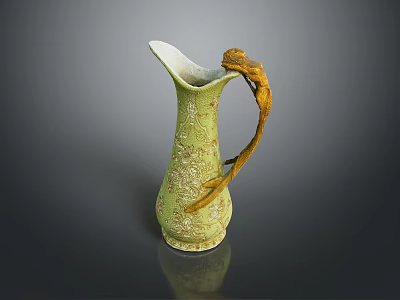 Green Ceramic Jug With Golden Decorative Handle And Patterned Surface 3d model