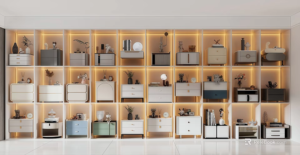 Modern Bedside Tables In Various Colors With Decorative Items And Built In Lighting 3d model 