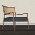Modern Lounge Chair With Wooden Frame Woven Backrest And Blue Cushion