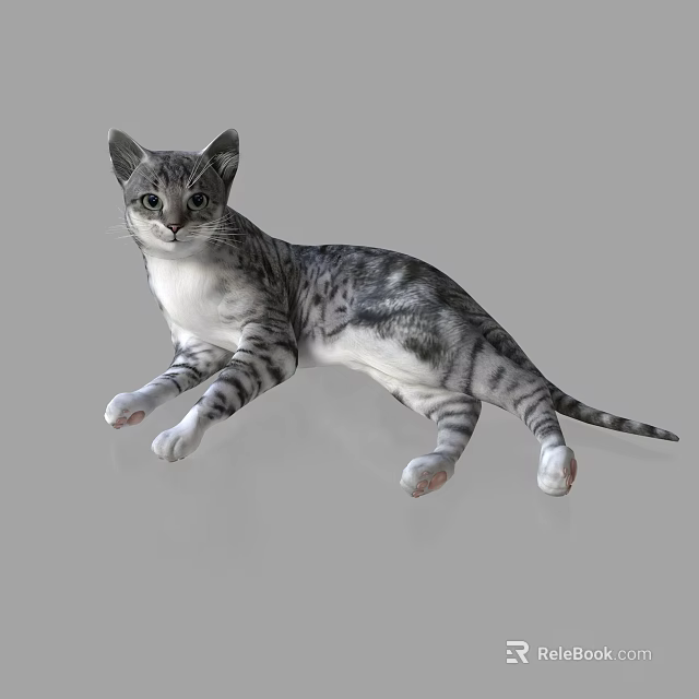 Detailed Cat Sculpture In Lying Down Pose With Gray And White Fur 3d model 