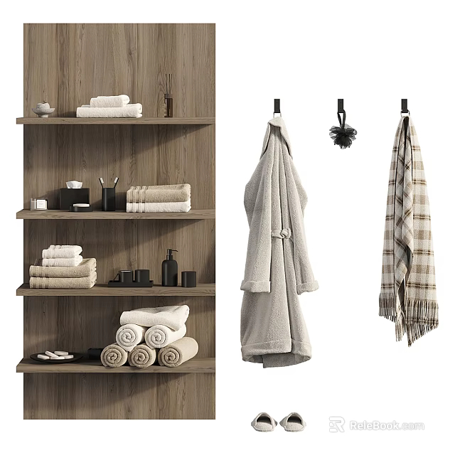 Bathroom Accessories with Wooden Shelf Folded Towels Bathrobe and Plaid Towel 3d model 